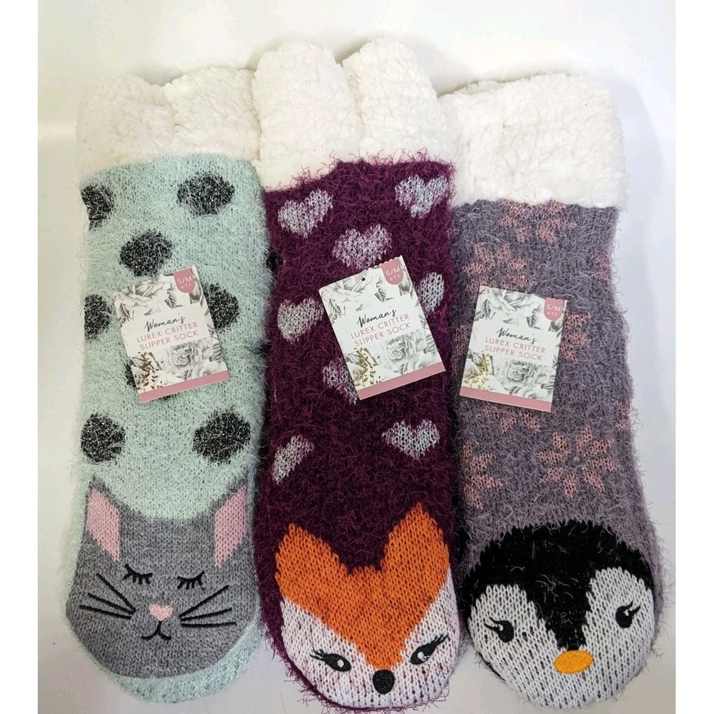 Pack Of 3 Woman's Lurex Critter Slipper Sock Size S-M (1341)